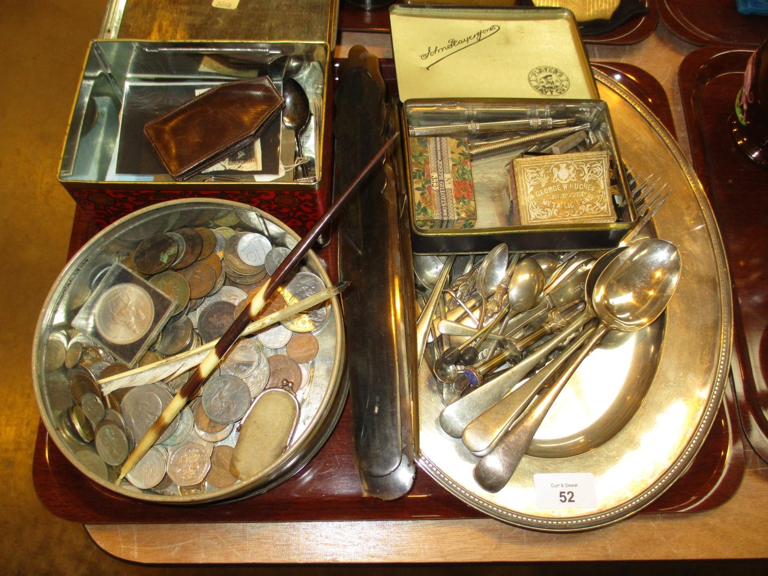 Silver Plated Tray and Cutlery, Coins, Tins and Collectables