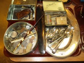 Silver Plated Tray and Cutlery, Coins, Tins and Collectables