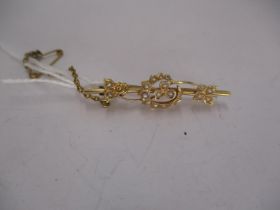 15ct Gold and Seed Pearl Shamrock and Crescent Bar Brooch, 3.4g