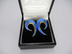 Pair of Norway Sterling Silver and Blue Enamel Ear Clips