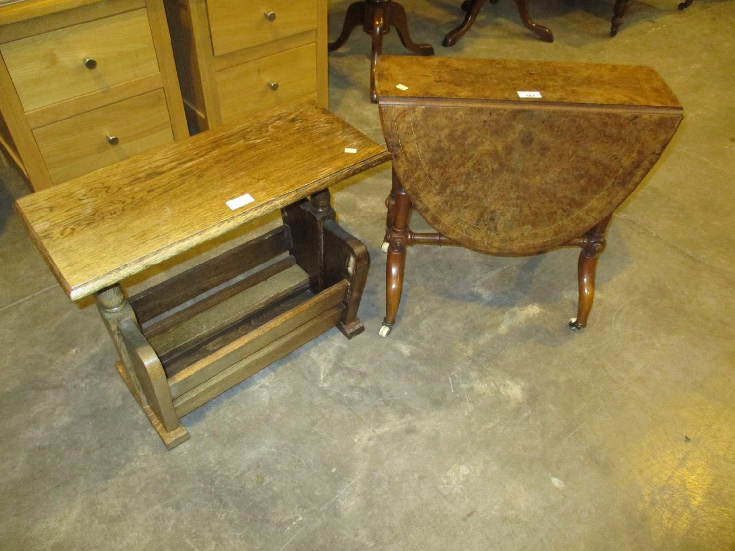 Victorian Burr Walnut Sutherland Table and an Oak Newsrack Table