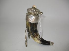 Silver and Horn Table Snuff Mull Set with Amber Coloured Stones, hallmarks rubbed