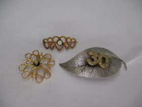 9ct Gold Diamond Set Brooch, 3.11g, Opal Set Love Heart Brooch and a Leaf Brooch