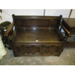 Carved Oak Box Seat Hall Settle, 96cm