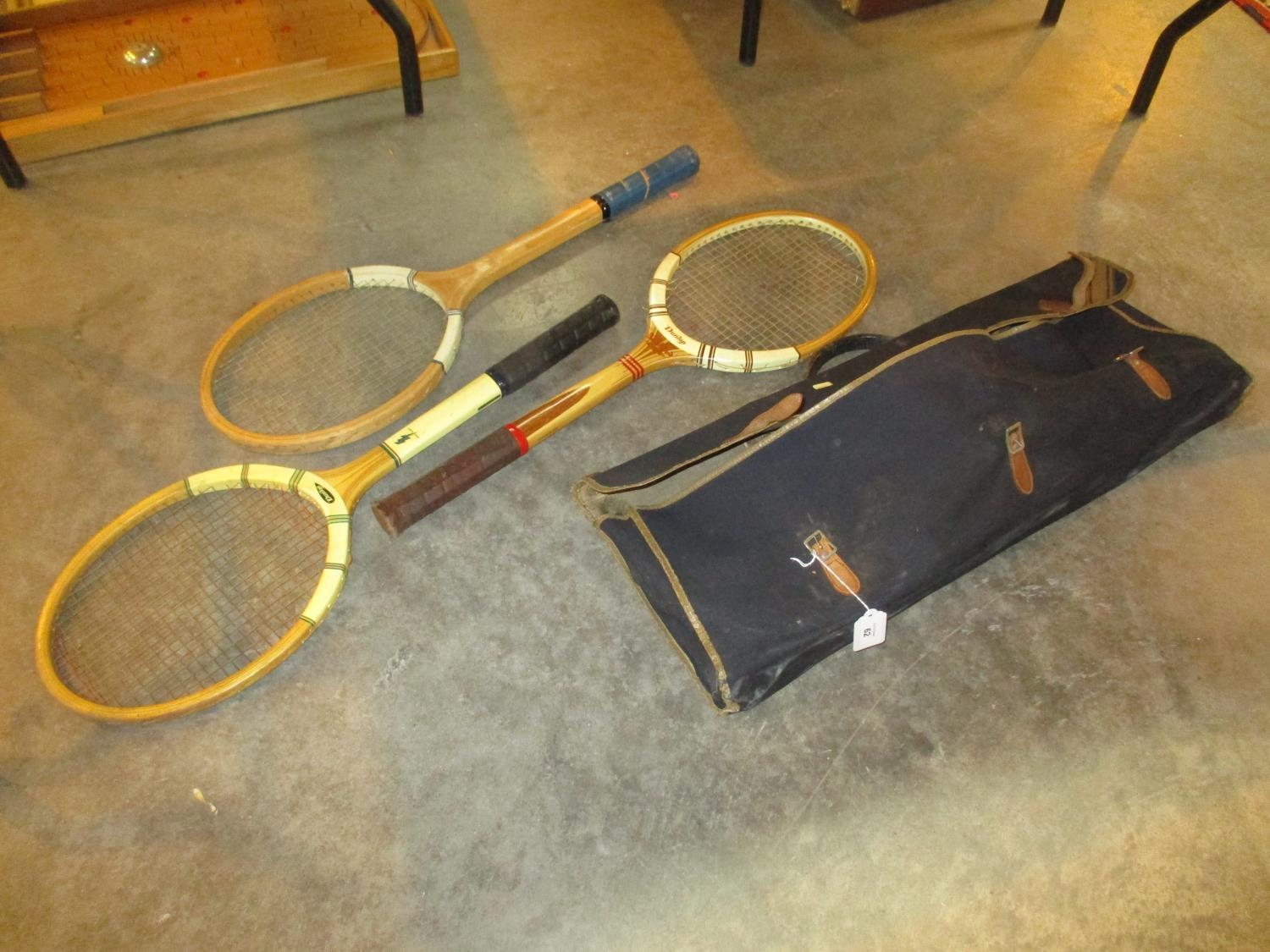 Three Vintage Tennis Racquets and a Bag
