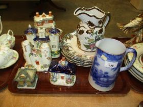 Five Victorian Pottery Cottages, 5 Lustre Plates and 2 Jugs