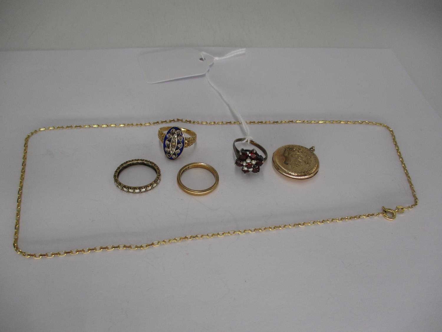 9ct Gold Necklace and Wedding Ring, 5.58g, 9ct Gold Eternity Ring, Diamond and Enamel Set Ring, Gold