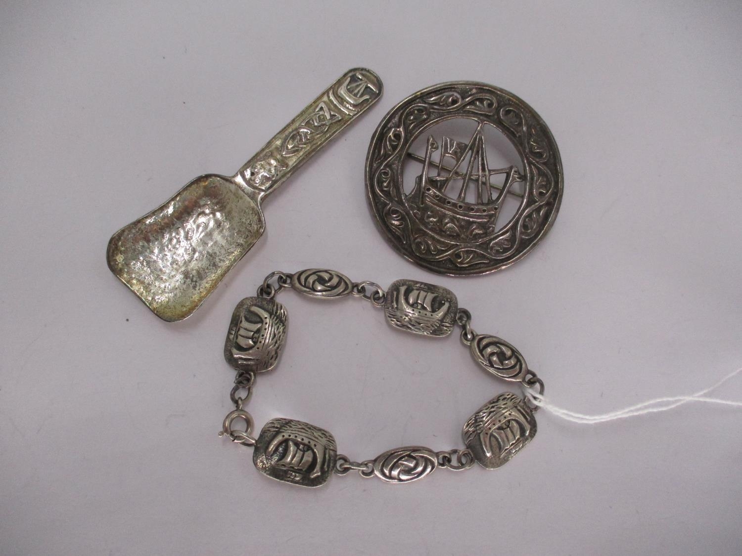 Two Iona Pattern Silver Items - a Brooch with Pierced Galleon, a Bracelet, along with a Silver
