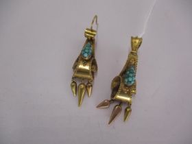 Pair of Victorian Unmarked Gold and Turquoise Drop Earrings with Applied Wirework Borders and Tassel