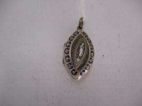 Victorian Engraved Oval Locket with Navette Shaped Cameo within Blue Enamel Border