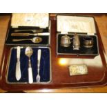 Silver 3 Piece Condiment Set, Silver Card Case, Silver and Mother of Pearl Cutlery
