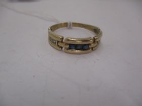 Three Stone Square Cut Sapphire Ring with Small Diamond Shoulders in 9ct Gold Mount, 2.06g, Size L