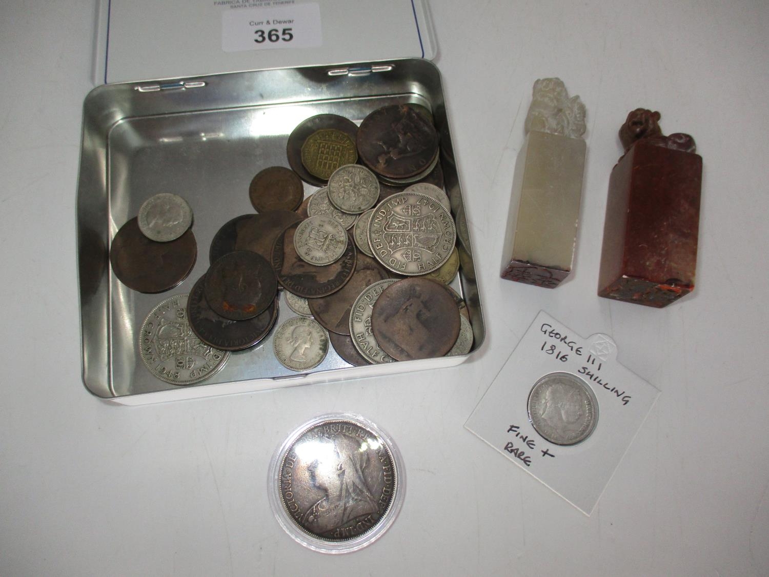 1893 Victorian Crown and Various Other Coins, along with 2 Chinese Soapstone Seals