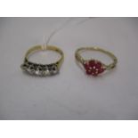 18ct Gold 5 Stone Diamond Ring, 2.5g, Size L, and a 9ct Gold Red Stone Ring, 3.93g total