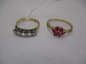 18ct Gold 5 Stone Diamond Ring, 2.5g, Size L, and a 9ct Gold Red Stone Ring, 3.93g total