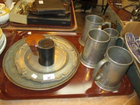 Two Travelling Cups, Eastern Metal Plaque, Pewter Plate and 4 Tankards