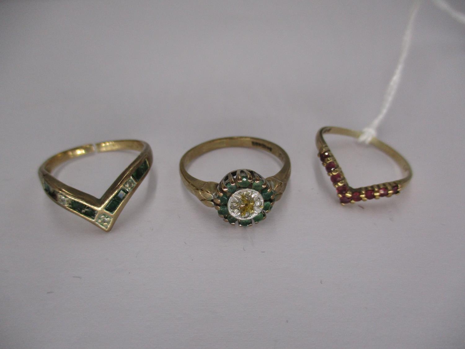 Two 9ct Gold Wishbone Rings and a 9ct Gold Cluster Ring, 5.44g, all with faults