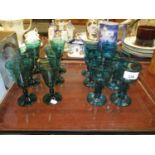 Set of 6 Victorian Green Wine Glasses and a Set of 6 Blue Glass Roemers