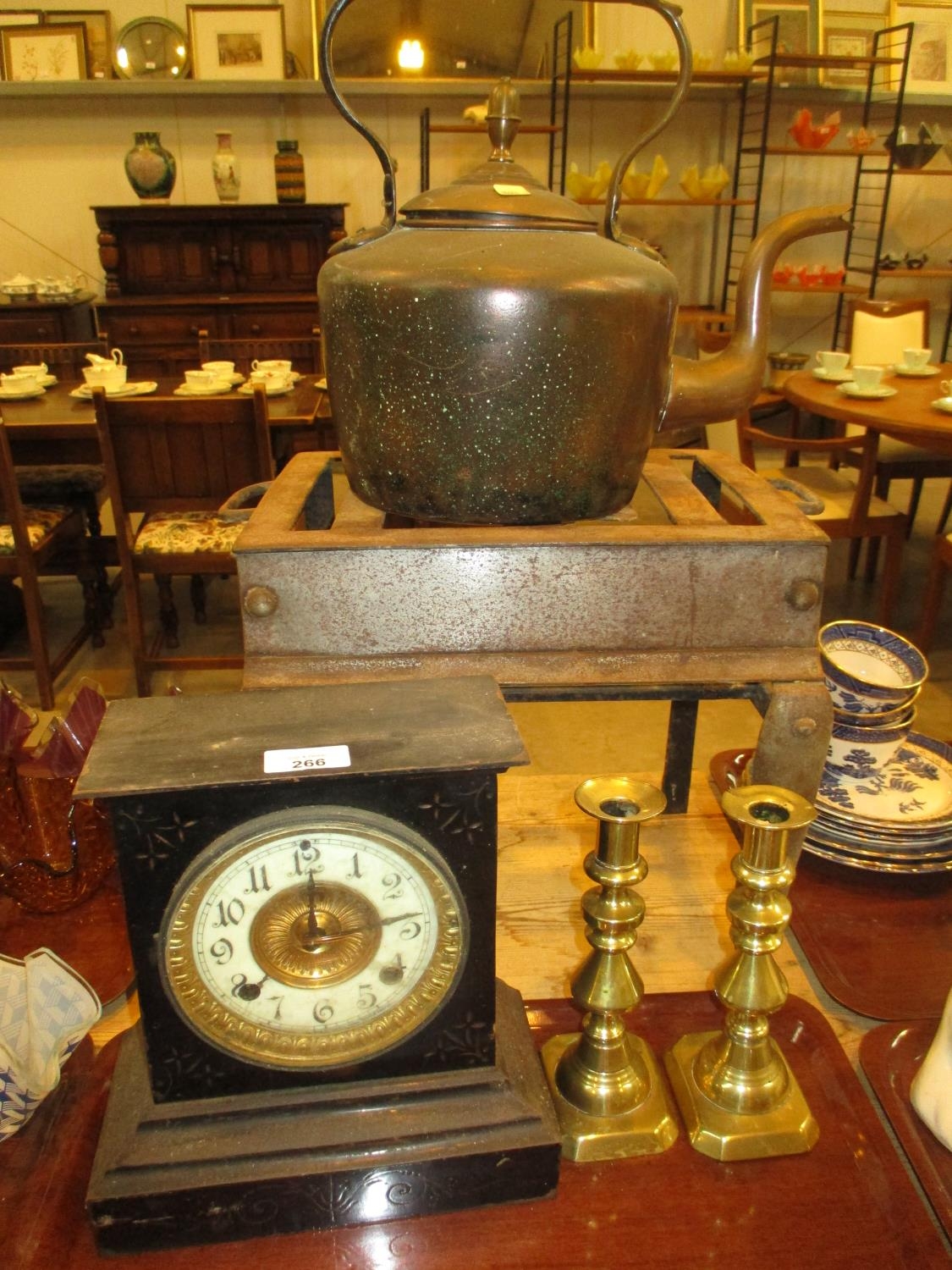 19th Century Metal Footman, Mantel Clock, Kettle and Pair of Candlesticks