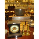 19th Century Metal Footman, Mantel Clock, Kettle and Pair of Candlesticks