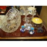 Pair of Crystal Candlesticks and Boat Shaped Bowl, Waterford Clock, Powder Box Cloisonne etc