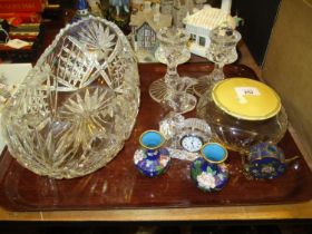 Pair of Crystal Candlesticks and Boat Shaped Bowl, Waterford Clock, Powder Box Cloisonne etc