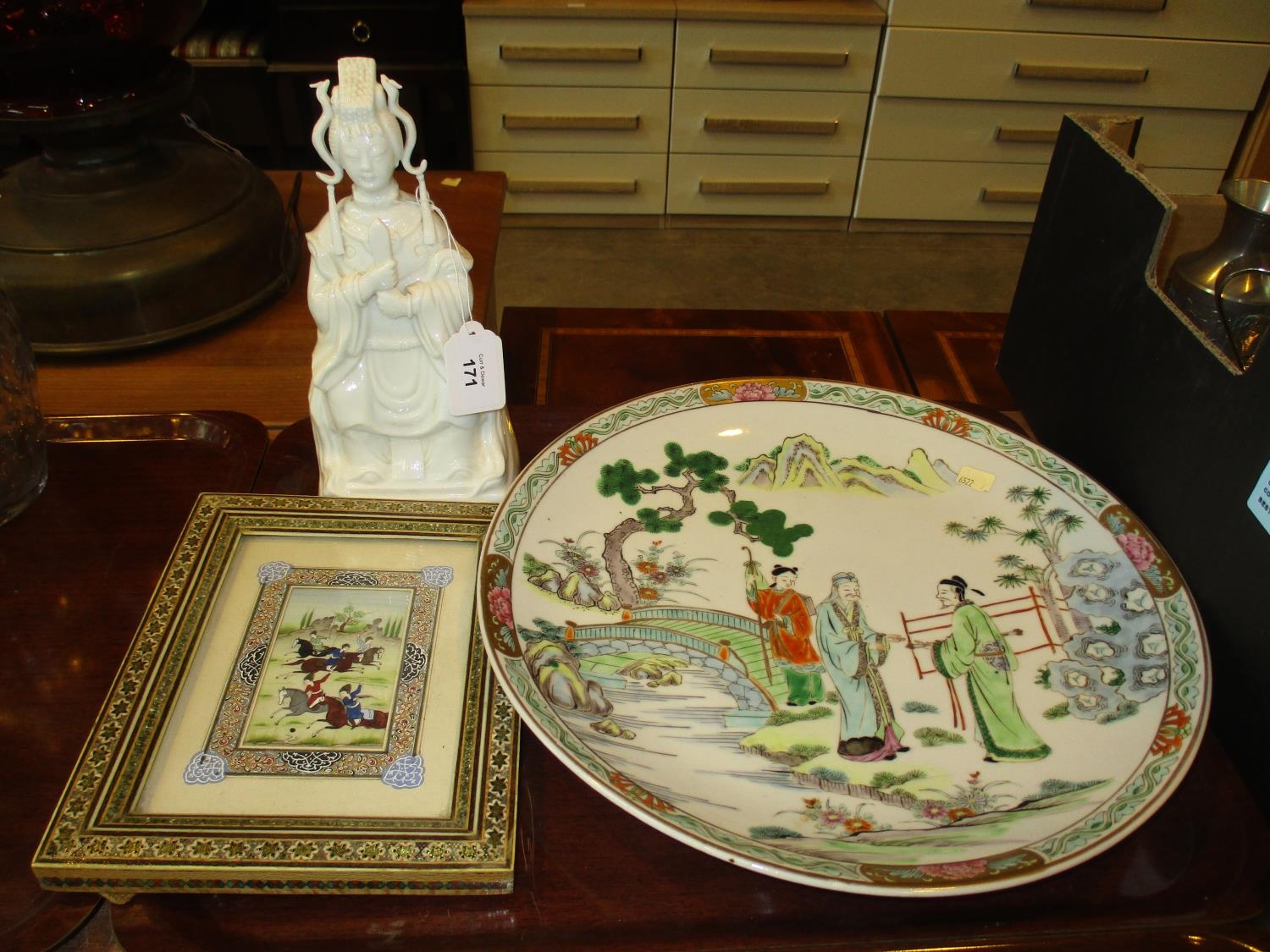 Chinese Porcelain Plate 34cm, Blanc De Chine Figure and a Miniature Painting