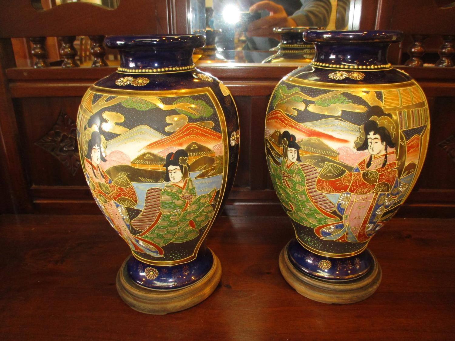 Pair of Japanese Pottery Vases, 25cm high, with Wooden Stands