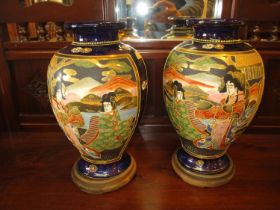 Pair of Japanese Pottery Vases, 25cm high, with Wooden Stands