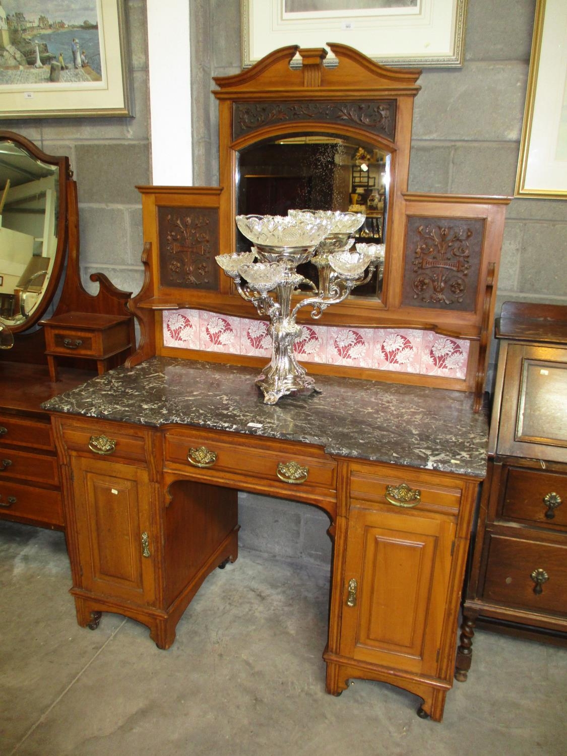 Late Victorian Walnut and Marble Top Washstand, 121cm