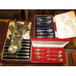 Cased Set of 6 Silver Handle Tea Knives and Other Cutlery