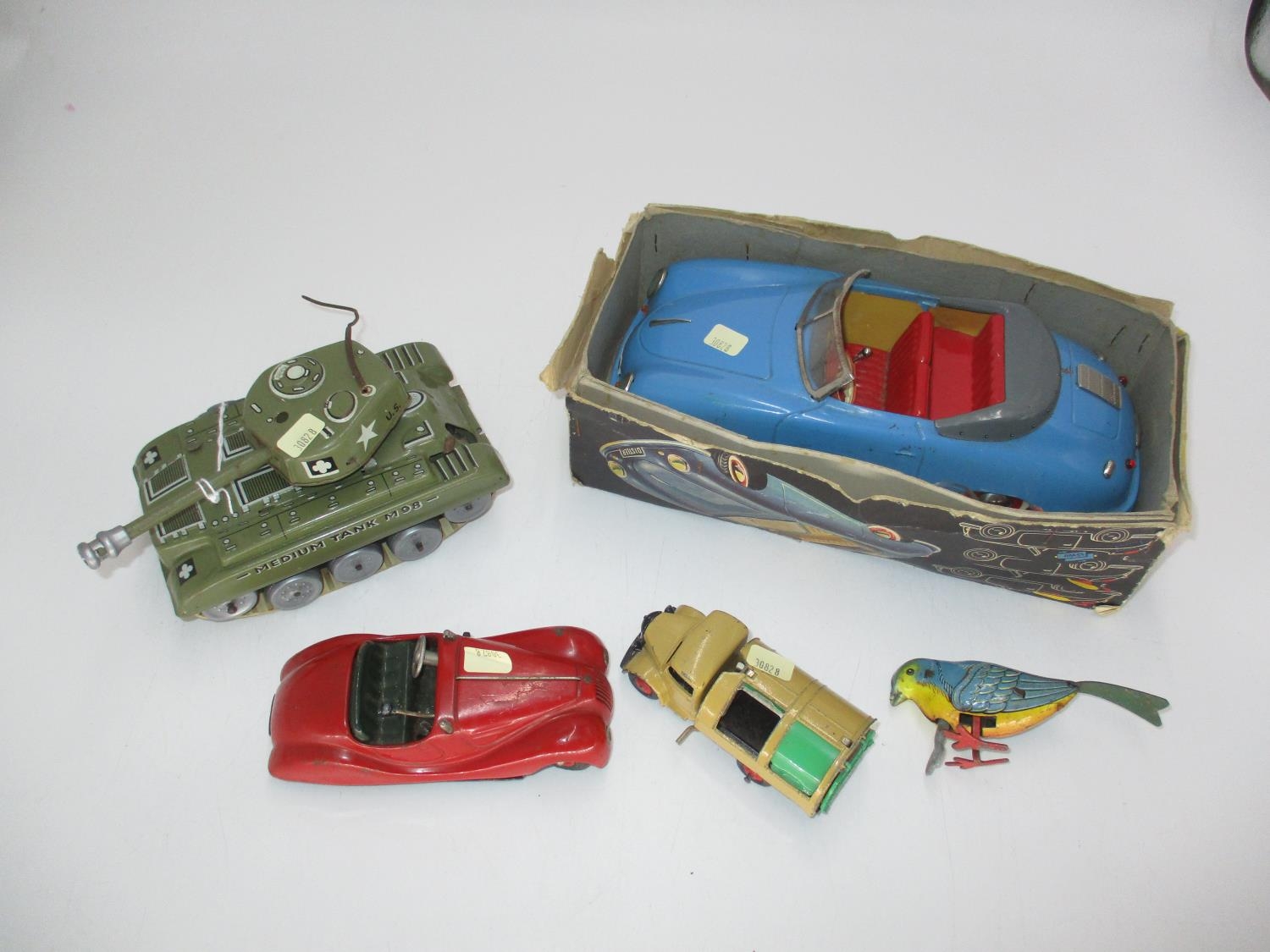 Distler Electromatic 7500 Car, Schuco Examico 4001 Car, Medium Tank M98, Clockwork Bird and Dinky