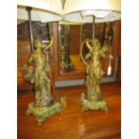 Pair of Victorian Part Gilded Spelter Figures after Bruchan, as Table Lamps