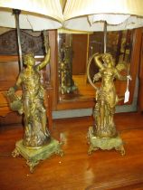 Pair of Victorian Part Gilded Spelter Figures after Bruchan, as Table Lamps