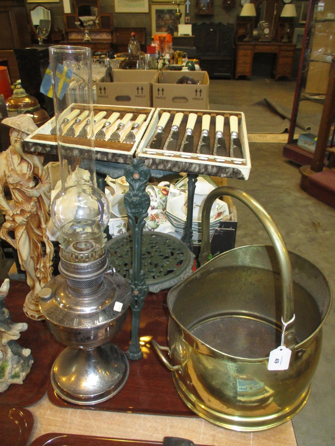 Cast Metal Plant Stand, Oil Lamp, Coal Helmet and Cased Fish Cutlery