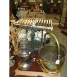 Cast Metal Plant Stand, Oil Lamp, Coal Helmet and Cased Fish Cutlery