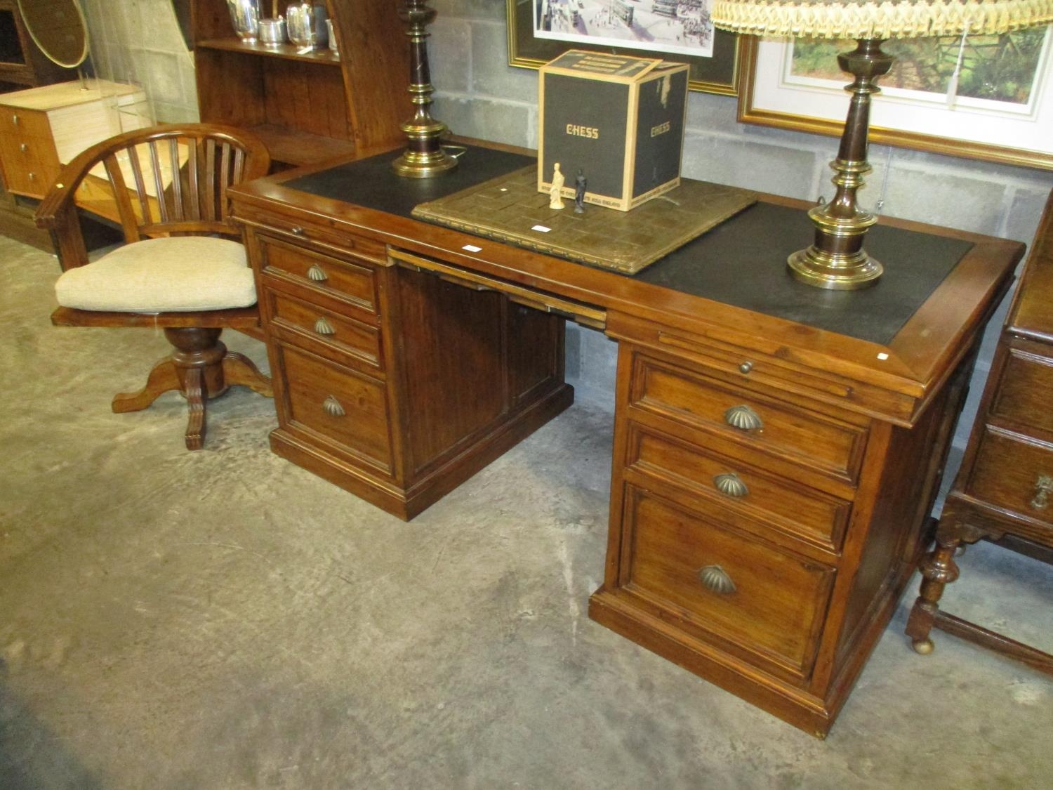 Reclaimed Wood Double Pedestal Desk with Revolving Chair, 174x79cm