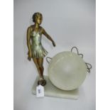 Original Art Deco Spelter Lady Lamp on Marble Base, globe also original