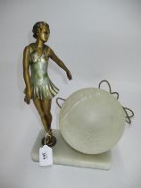 Original Art Deco Spelter Lady Lamp on Marble Base, globe also original