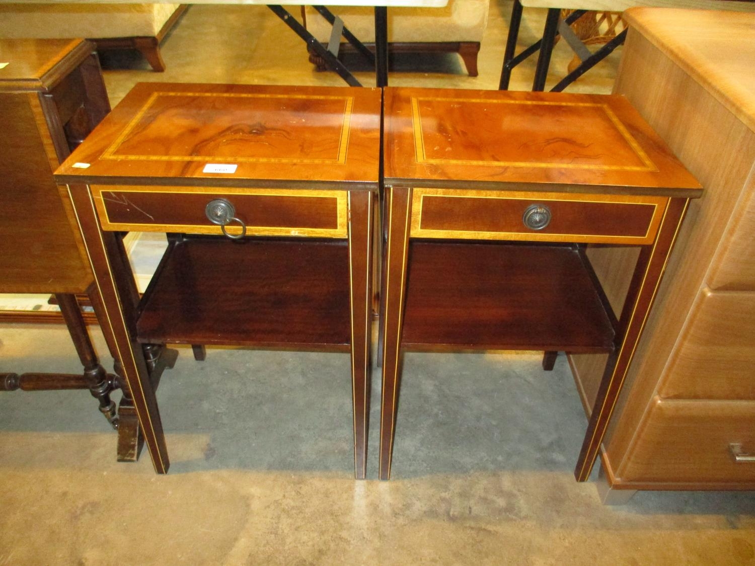 Pair of Reproduction Inlaid Mahogany Bedside Tables, each 39cm