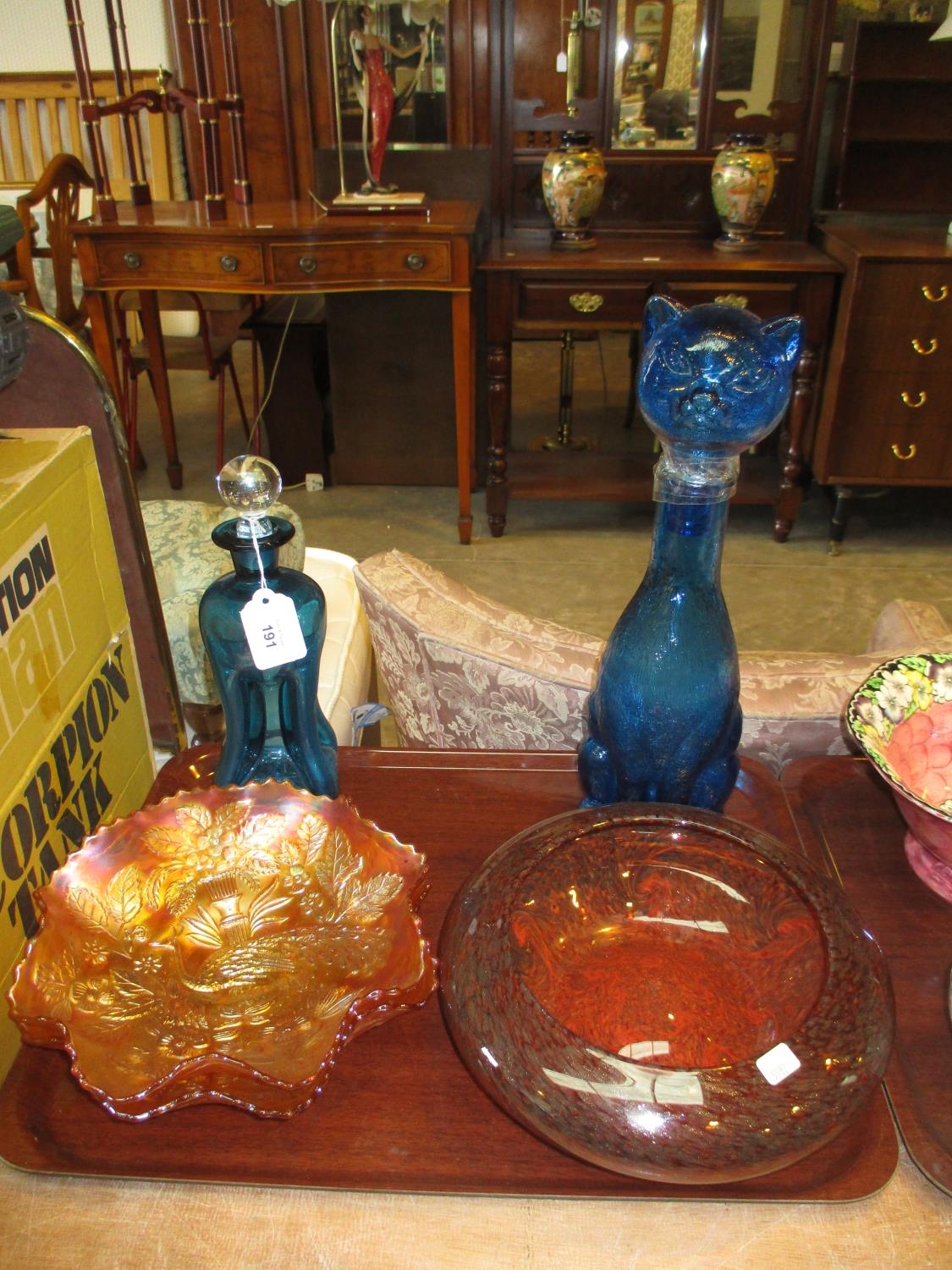 Strathearn Glass Bowl, Pair of Carnival Glass Dishes, Decanter and Cat Bottle