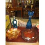 Strathearn Glass Bowl, Pair of Carnival Glass Dishes, Decanter and Cat Bottle