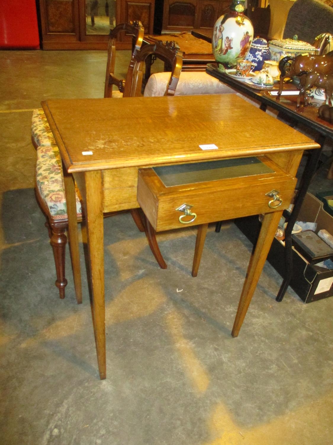 Arts and Crafts Oak Side Table with Drawer Interior with a Writing Slope, 61x40x76cm