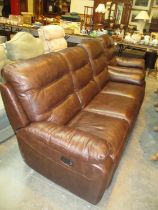 Brown Leather Manual Reclining 3 Seat Settee and Electric Reclining Easy Chair