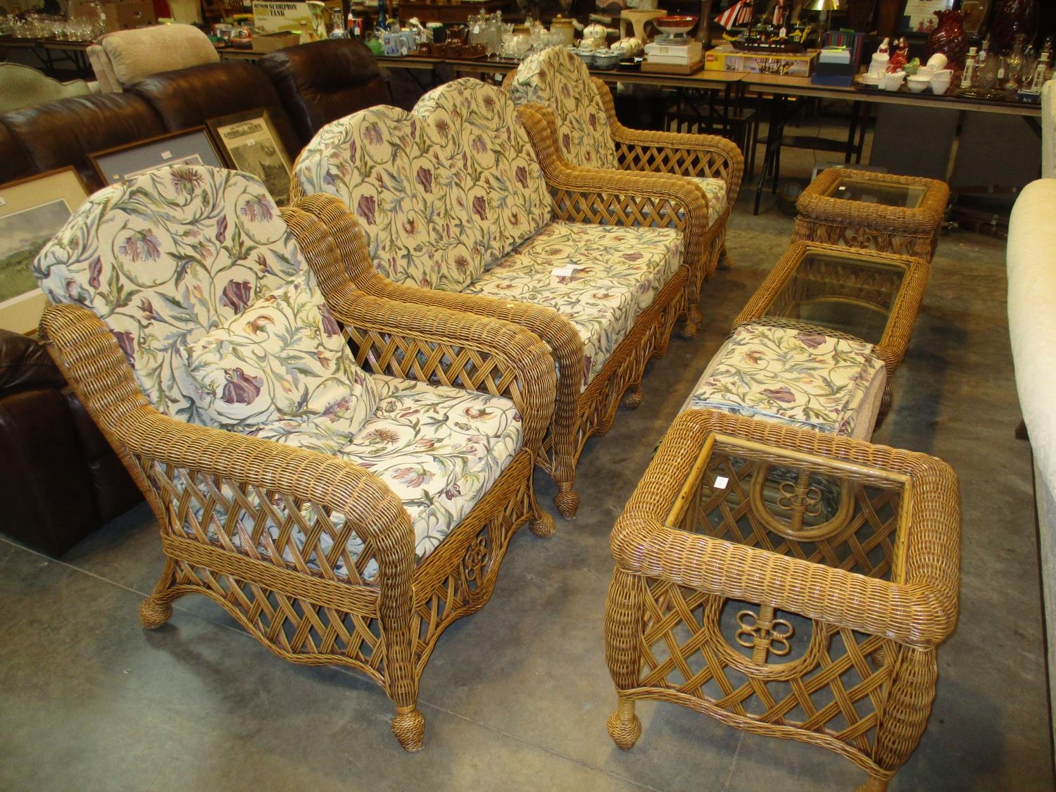 Wicker 3 Piece Conservatory Suite with Stool, Coffee Table and Pair of Lamp Tables