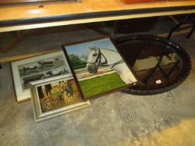 Oval Wall Mirror, Horse Painting, Cattle Engraving and Another Picture