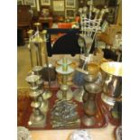 Two Brass Companion Sets, Two Pairs of Candlesticks, Pair of Benares Vases and Pair of Galleon