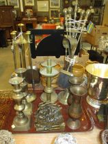 Two Brass Companion Sets, Two Pairs of Candlesticks, Pair of Benares Vases and Pair of Galleon