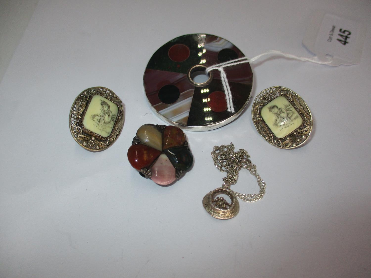 Two Faulty Agate Brooches, Silver and Other Charms, Bangle, Bracelet, Necklace, 2 Agate Brooches (