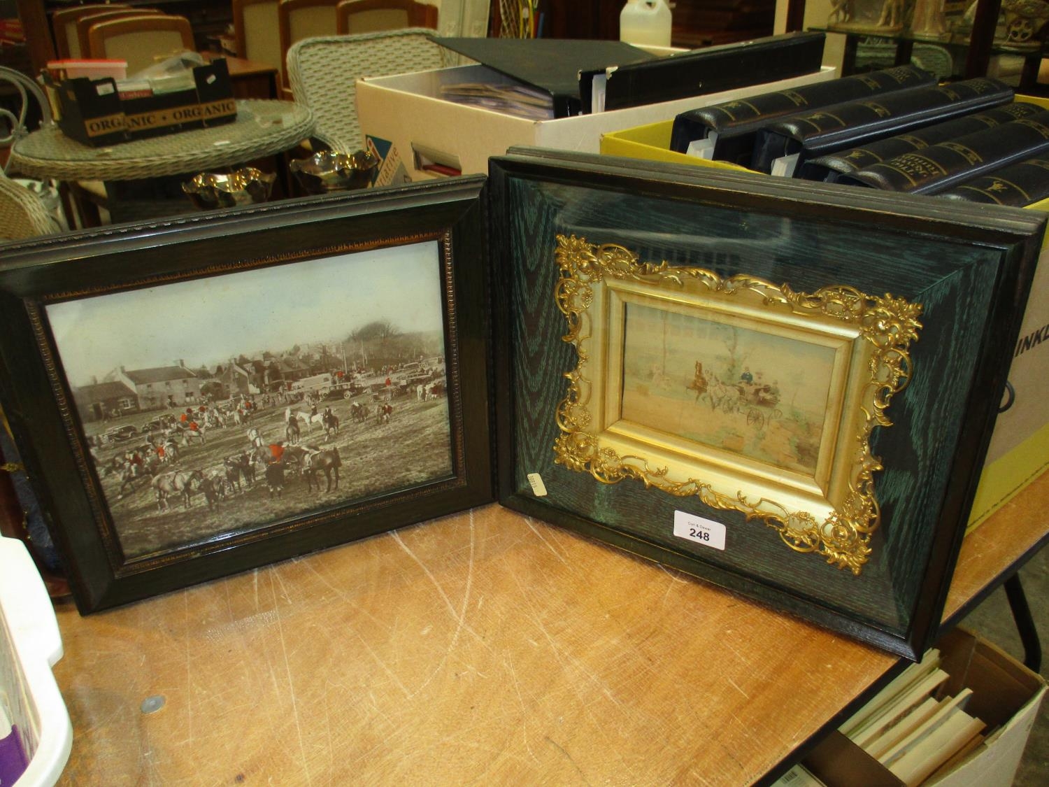 Ornately Framed Picture of a Horse and Carriage Ride, along with a Photograph of a Hunt